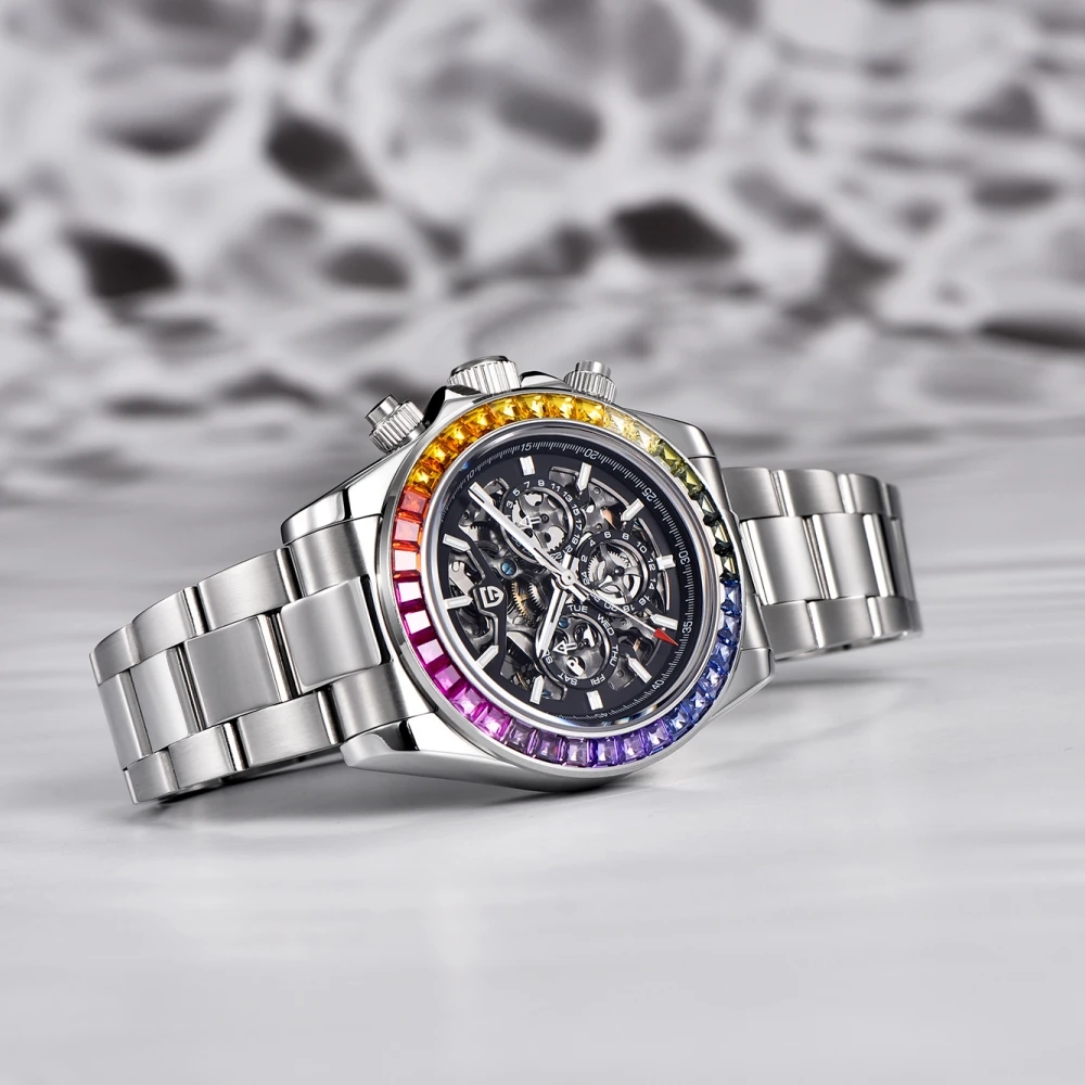 Transparent sapphire crystal showcasing multi-layered skeleton movement architecture