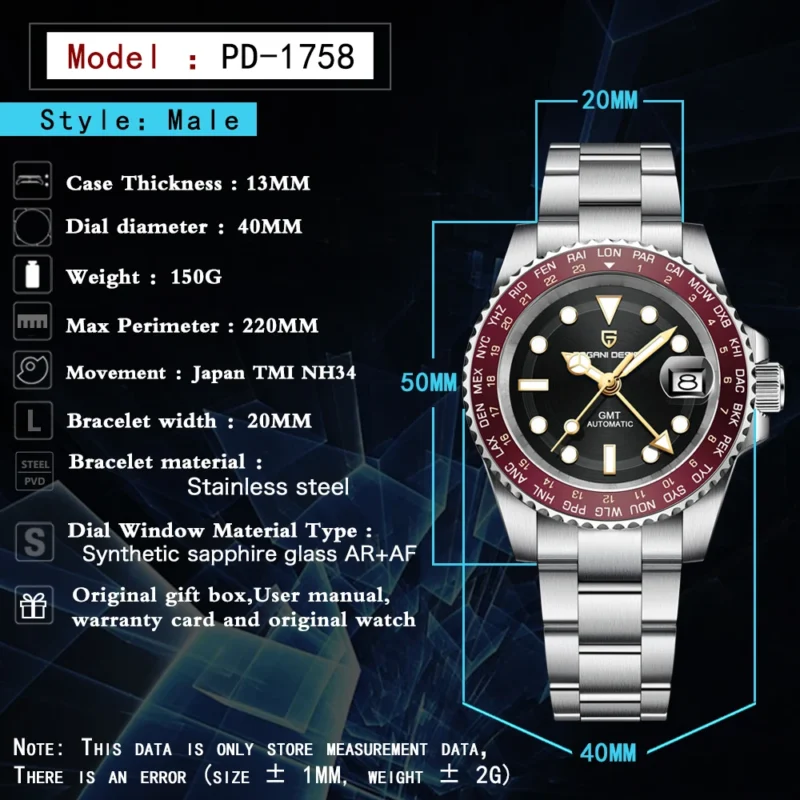 Professional GMT Automatic Watch with Sapphire Crystal and Stainless Steel Bracelet - Image 6