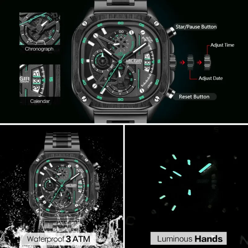 Square Chronograph Quartz Watch with Stainless Steel Bracelet and Luminous Hands - Image 6