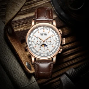 Luxury Moonphase Automatic Watch with Multi-Calendar Display and Genuine Leather Strap