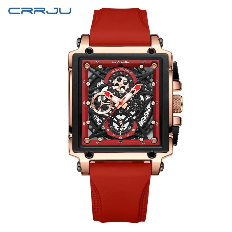Square Chronograph Quartz Watch with Hollow Design and Silicone Strap - Image 2
