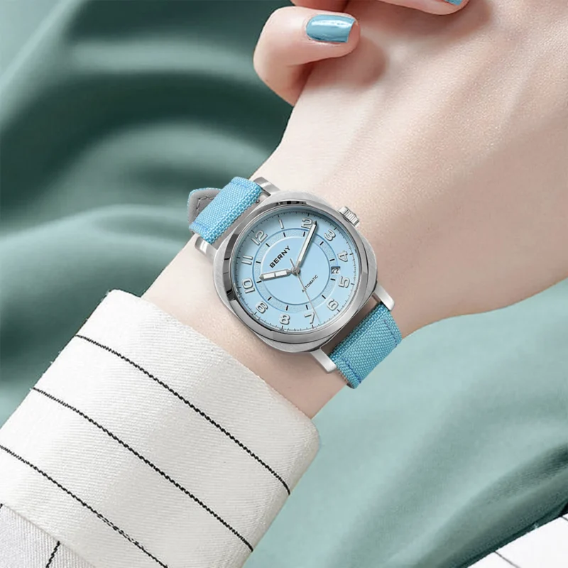 Square Automatic Ladies Watch with Sapphire Crystal and Canvas Strap - Image 6