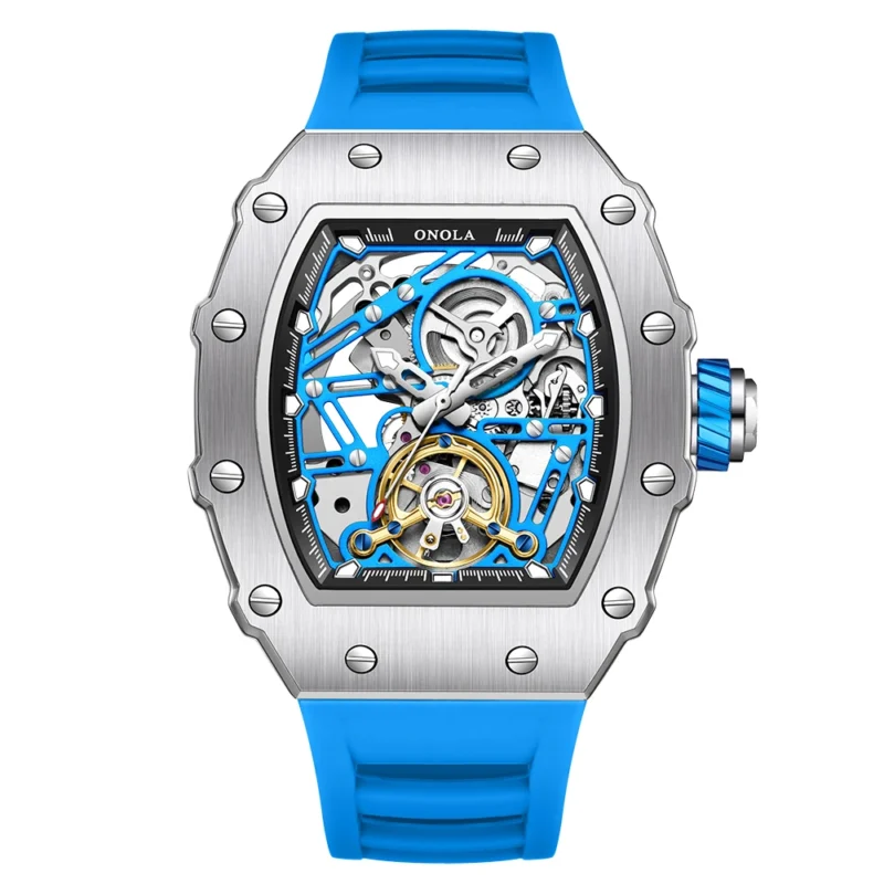 Skeleton Dial Automatic Mechanical Watch with Flywheel Display and Silicone Strap - Image 9