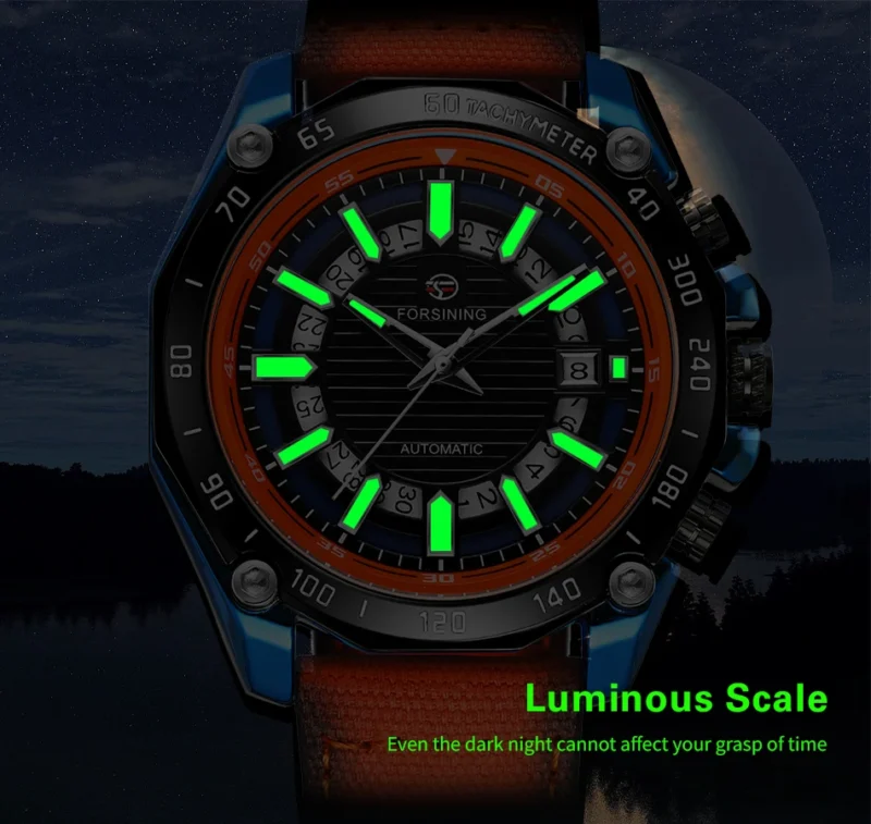 Skeleton Automatic Watch with Complete Calendar, Luminous Dial and Orange Leather Strap - Image 5