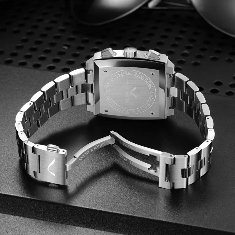 Luxury Rectangular Chronograph Quartz Watch with Stainless Steel Bracelet and Calendar Function - Image 6