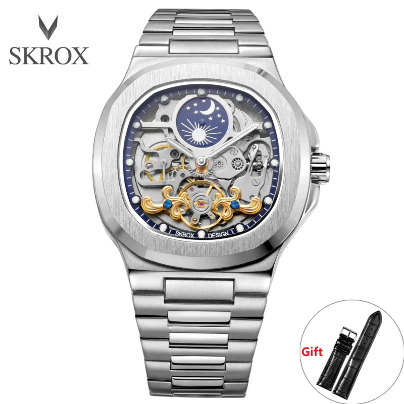 Square Skeleton Automatic Moon Phase Watch with Sapphire Crystal and Stainless Steel Bracelet - Image 8