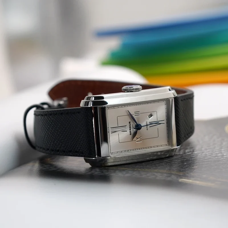 Rectangular Automatic Watch with Sapphire Crystal and Leather Strap - Image 15