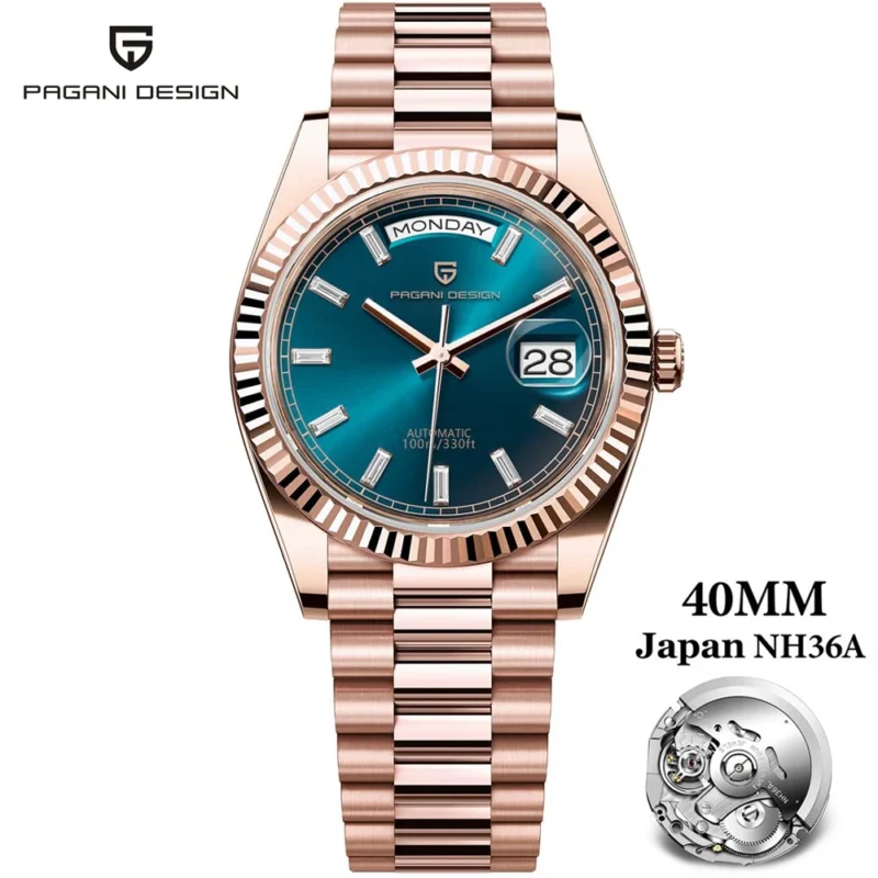 Luxury Automatic Rose Gold Watch with Sapphire Crystal and Complete Calendar Stainless Steel Bracelet - Image 7