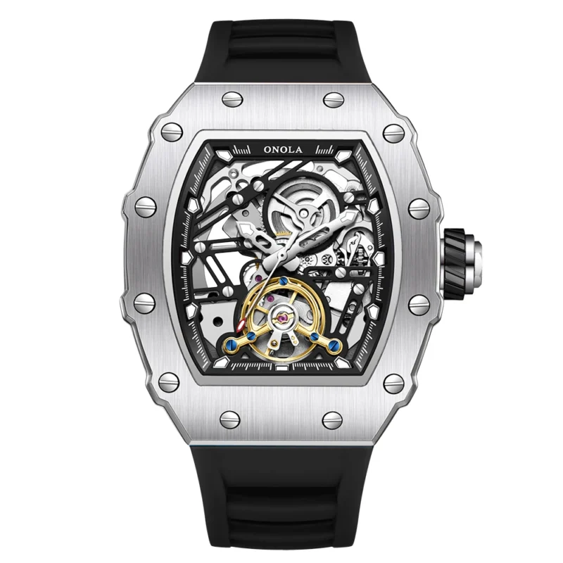 Skeleton Dial Automatic Mechanical Watch with Flywheel Display and Silicone Strap - Image 8