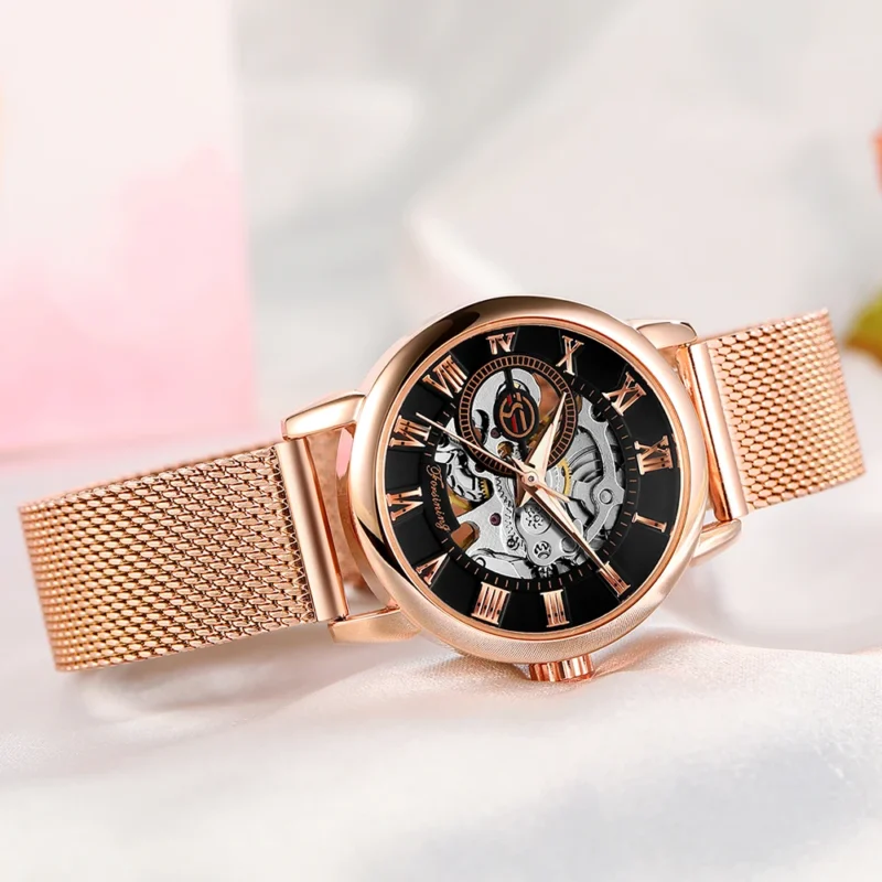 Ladies Open Heart Mechanical Watch with Rose Gold Skeleton Dial and Stainless Steel Mesh Strap - Image 4