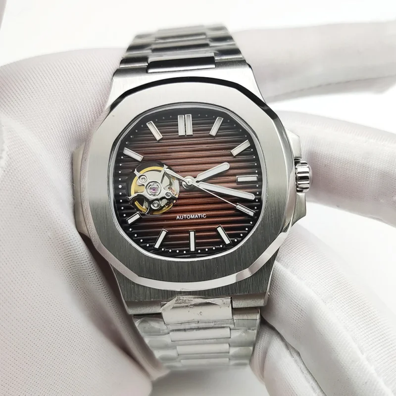 Luxury Square Automatic Watch with Sapphire Crystal and Luminous Coffee Dial - Image 3