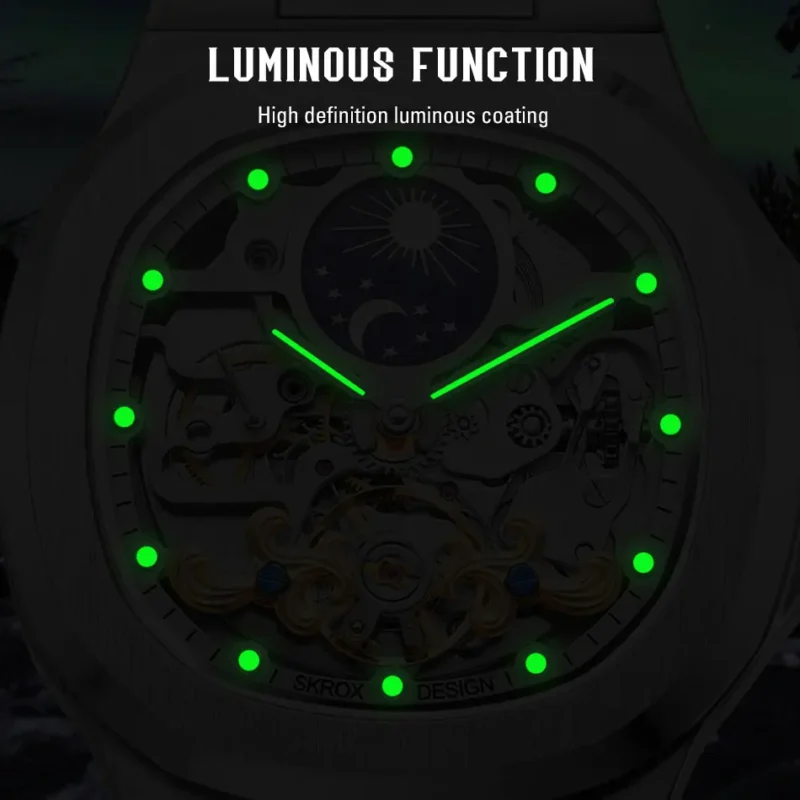 Square Skeleton Automatic Moon Phase Watch with Sapphire Crystal and Stainless Steel Bracelet - Image 4