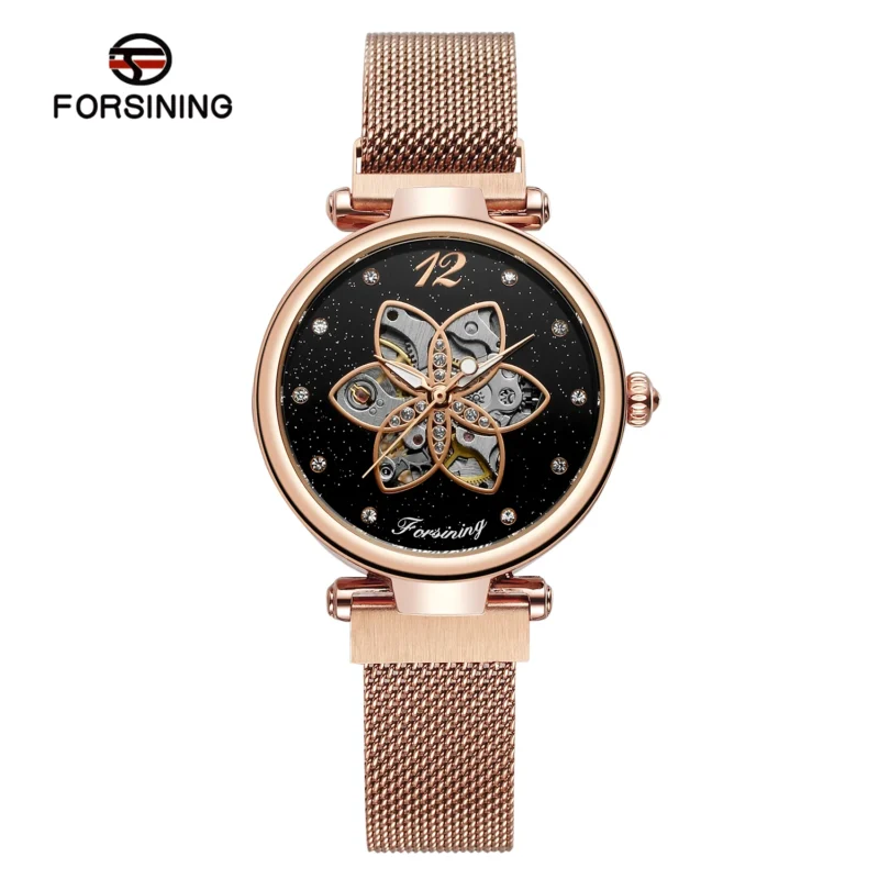 Starry Sky Open Heart Automatic Watch with Rose Gold Case and Stainless Steel Bracelet - Image 11