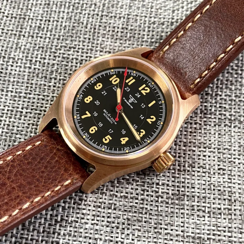 Vintage Bronze 36mm Automatic Pilot Watch with Sapphire Crystal and Leather Strap - Image 5