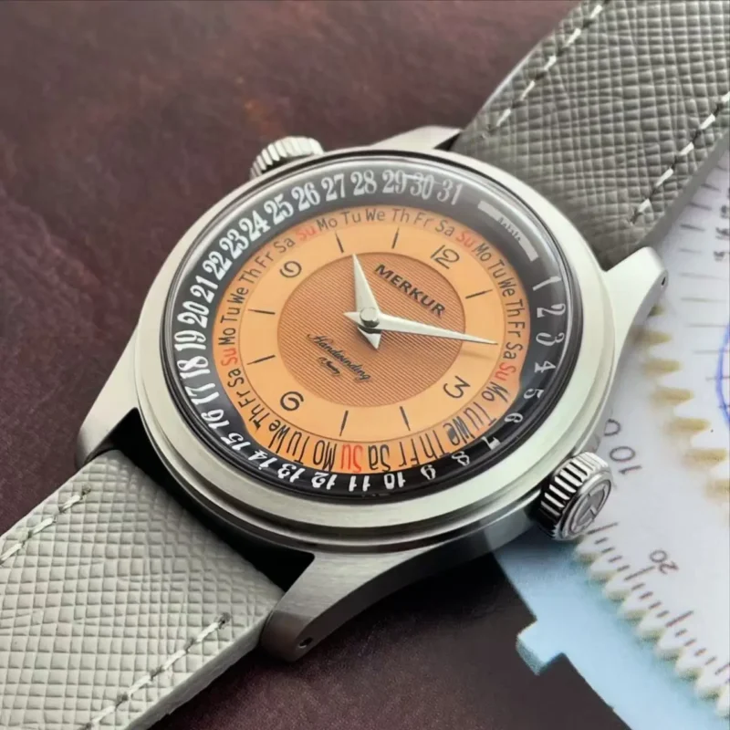 Vintage Dual Crown Calendar Week Manual Wind Watch with Leather Strap and 38mm Steel Case - Image 6