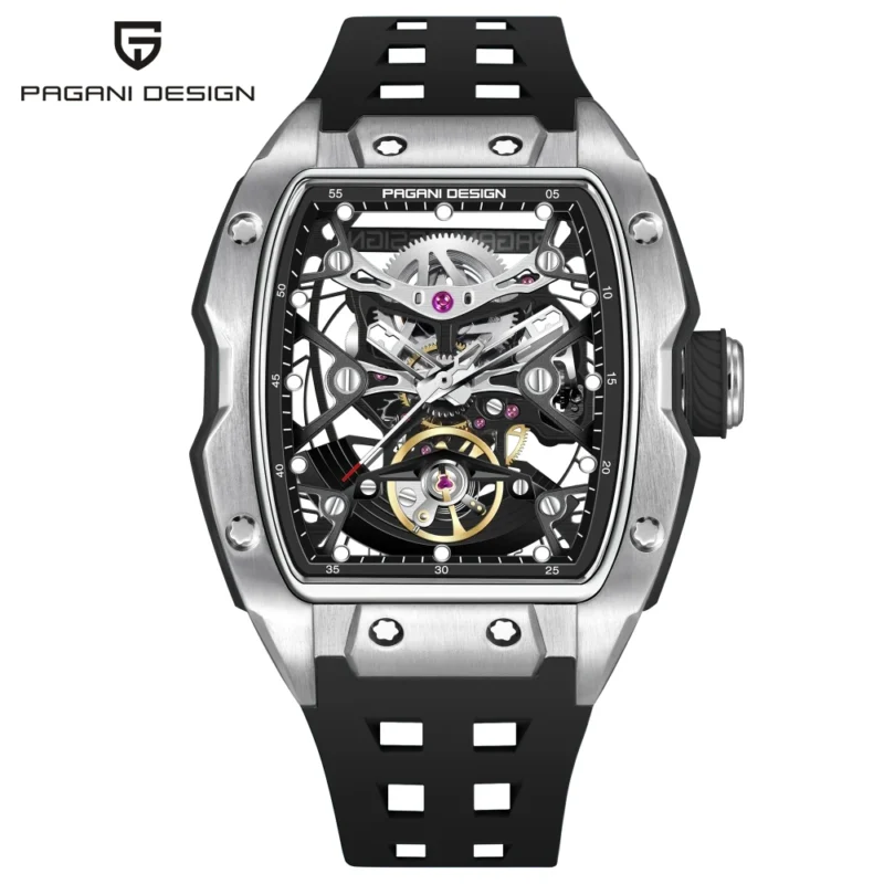 Skeleton Automatic Watch with Tonneau Case Sapphire Crystal and Silicone Strap - Image 8