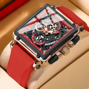 Square Chronograph Quartz Watch with Hollow Design and Silicone Strap