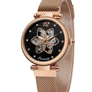 Starry Sky Open Heart Automatic Watch with Rose Gold Case and Stainless Steel Bracelet