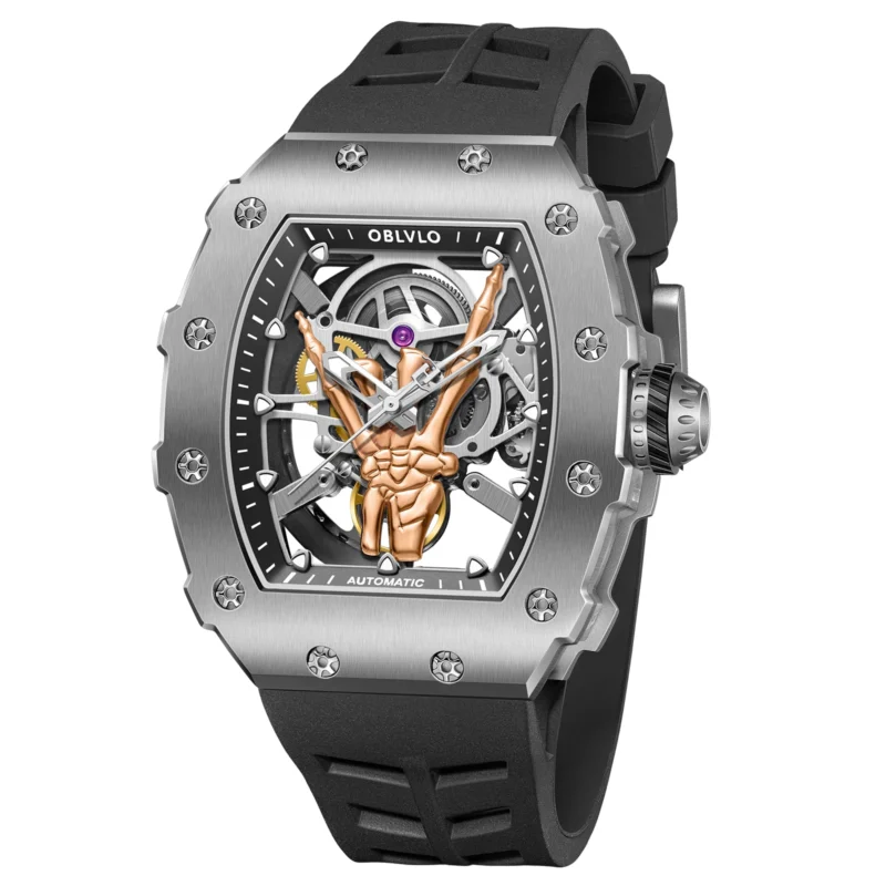 Skeleton Tonneau Automatic Watch with Black PVD Case and Rubber Strap - Image 9