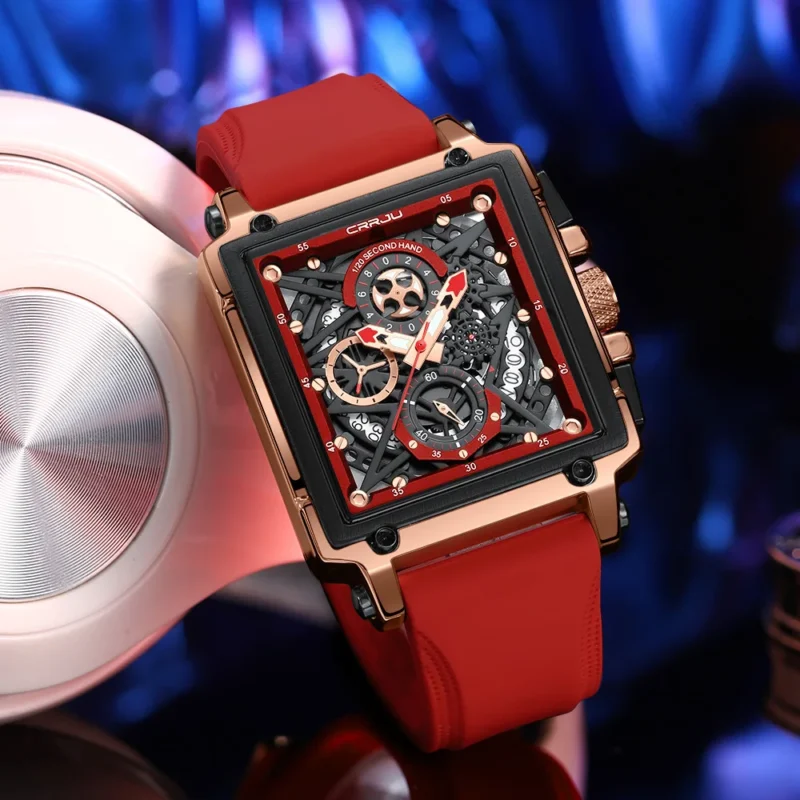 Square Chronograph Quartz Watch with Hollow Design and Silicone Strap - Image 6