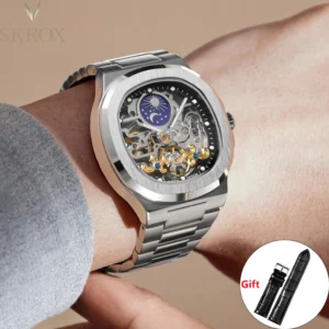 Square Skeleton Automatic Moon Phase Watch with Sapphire Crystal and Stainless Steel Bracelet