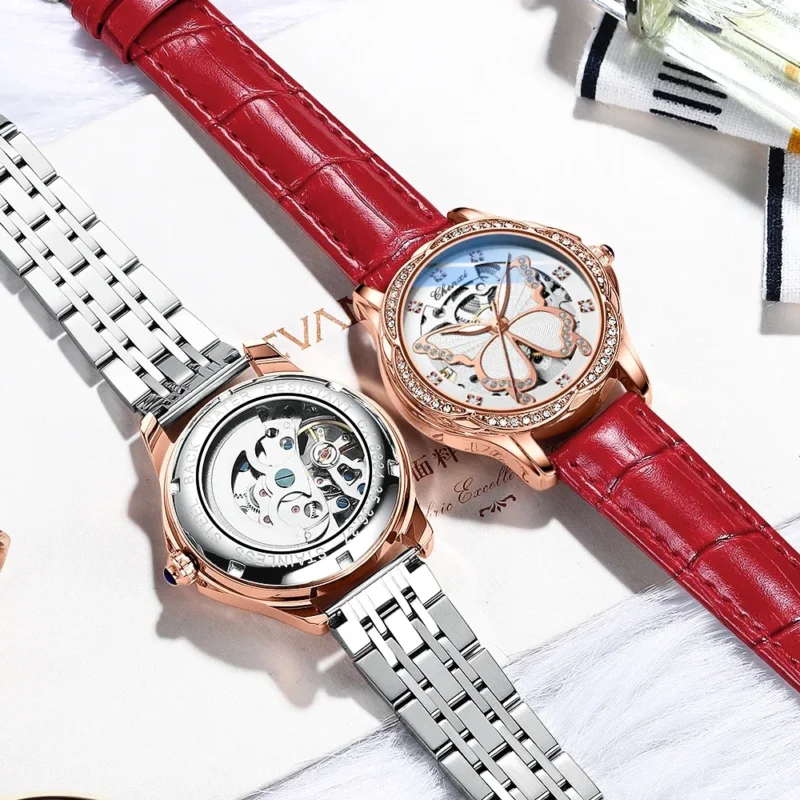 Ladies Luxury Automatic Watch with Skeleton Dial and Stainless Steel Bracelet - Image 3