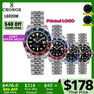 Professional GMT Automatic Watch with Bidirectional Bezel, Sapphire Crystal and Stainless Steel Bracelet