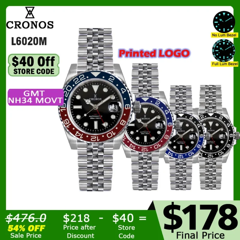Professional GMT Automatic Watch with Bidirectional Bezel, Sapphire Crystal and Stainless Steel Bracelet