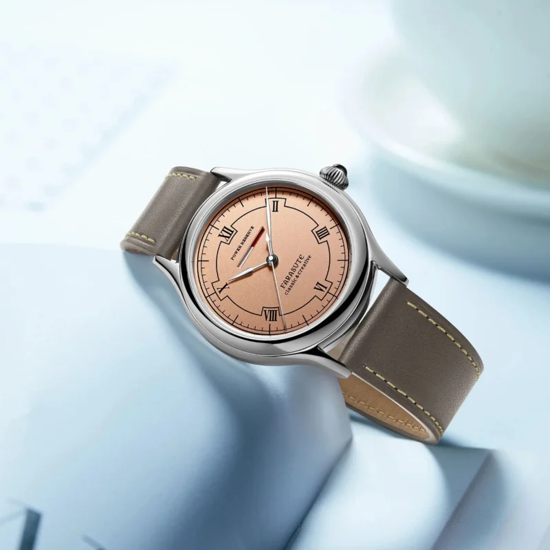 Luxury Oval Manual Wind Watch with Salmon Dial, Power Reserve, and Genuine Leather Strap - Image 5
