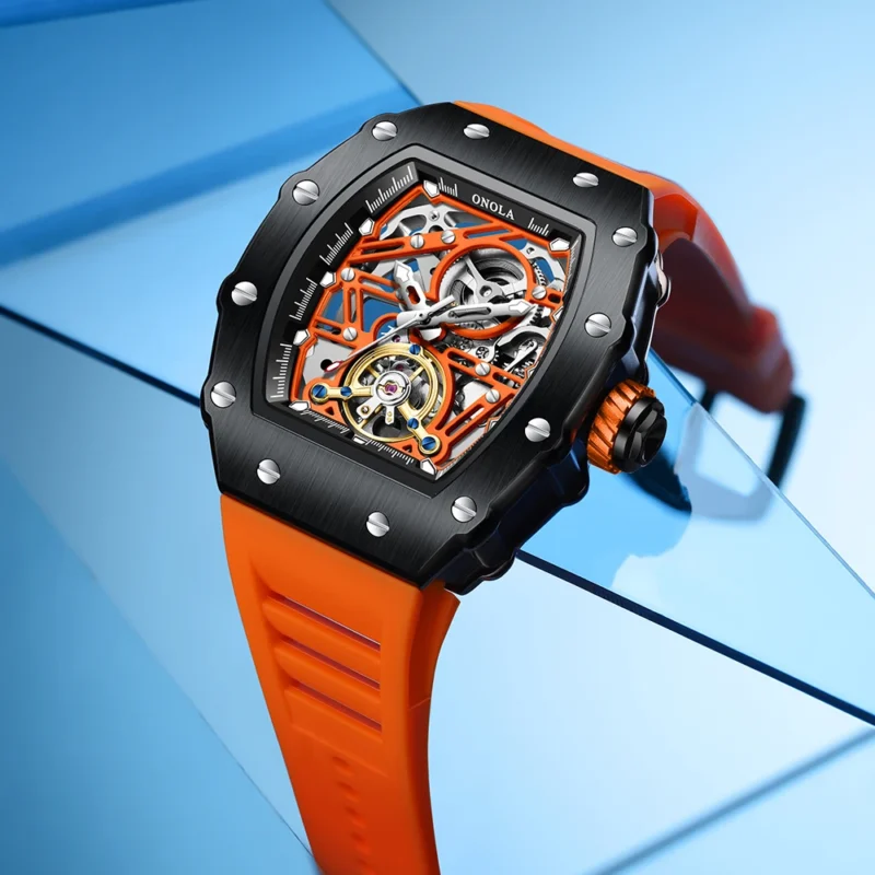 Skeleton Dial Automatic Mechanical Watch with Flywheel Display and Silicone Strap - Image 3