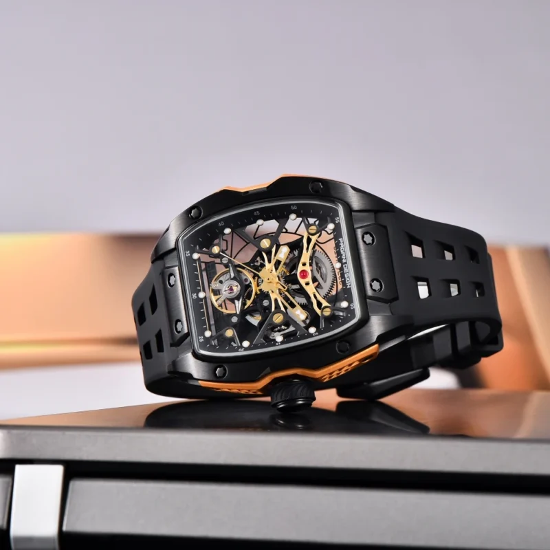 Skeleton Automatic Watch with Tonneau Case Sapphire Crystal and Silicone Strap - Image 5