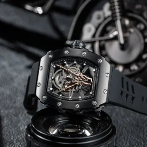 Skeleton Tonneau Automatic Watch with Black PVD Case and Rubber Strap