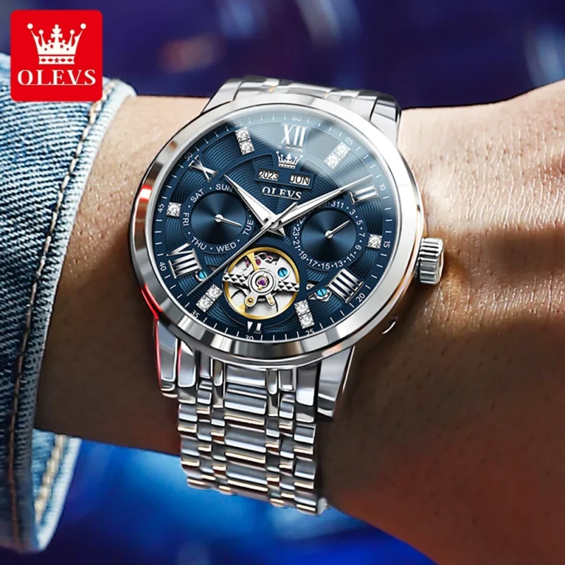 Skeleton Automatic Watch with Dual Calendar Display Luminous Dial Stainless Steel Self-Wind Timepiece - Image 4