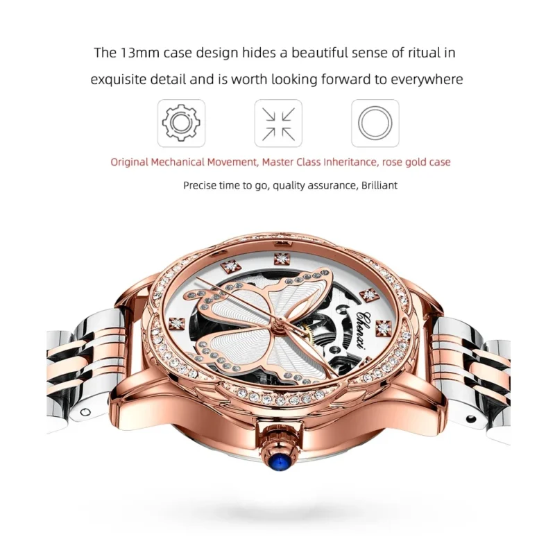 Ladies Luxury Automatic Watch with Skeleton Dial and Stainless Steel Bracelet - Image 5