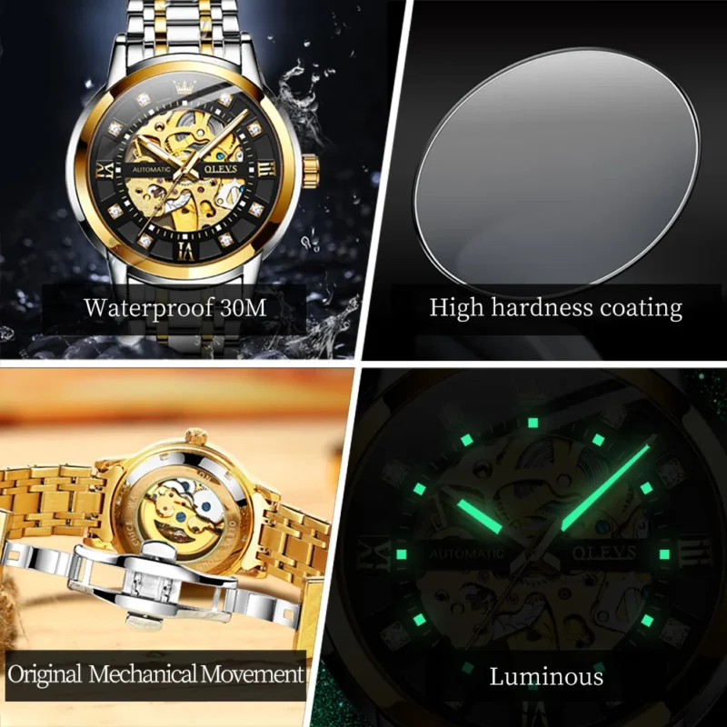 Skeleton Automatic Mechanical Watch with Luminous Dial and Stainless Steel Bracelet - Image 5