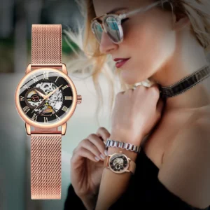 Ladies Skeleton Mechanical Watch with Rose Gold Case and Mesh Steel Bracelet