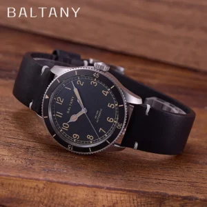 Vintage Pilot Automatic Watch with Ceramic Bezel and Leather Strap