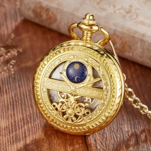 Vintage Open Heart Mechanical Pocket Watch with Moon Phase and Stars Carved Design
