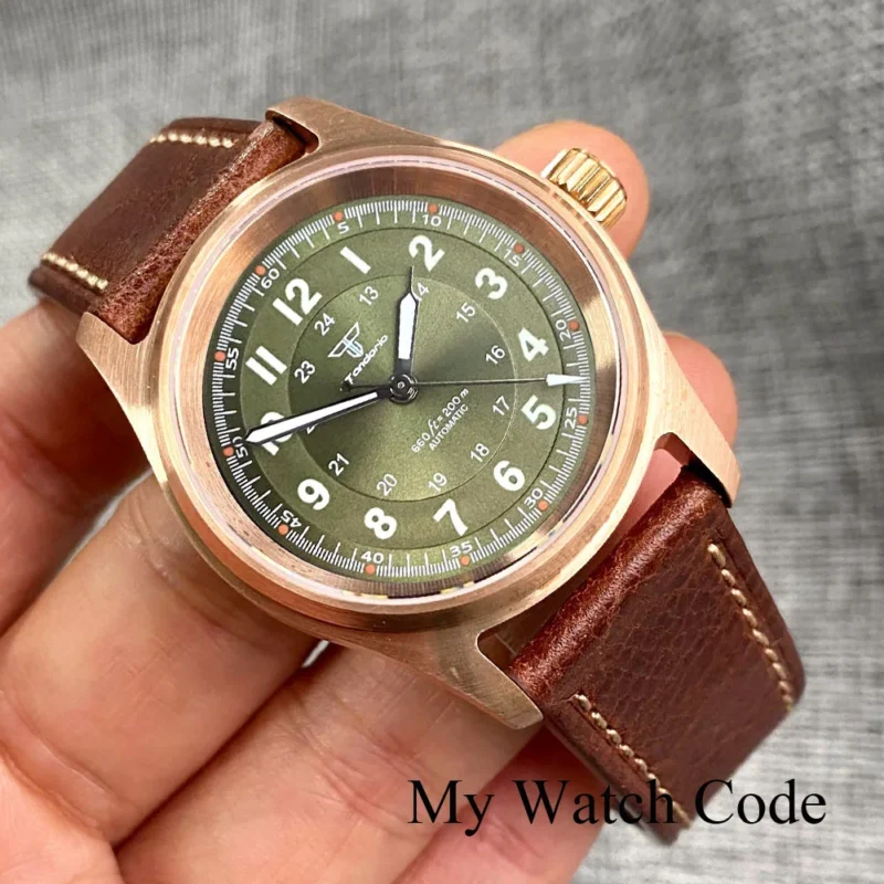 Vintage Bronze 36mm Automatic Pilot Watch with Sapphire Crystal and Leather Strap - Image 8