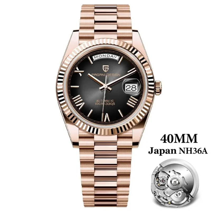 Luxury Automatic Rose Gold Watch with Sapphire Crystal and Complete Calendar Stainless Steel Bracelet - Image 9