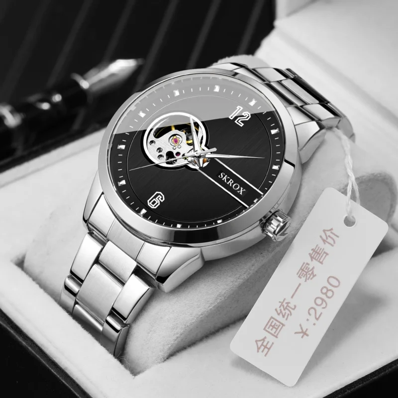 Skeleton Automatic Mechanical Watch with Exhibition Dial and Stainless Steel Bracelet - Image 2