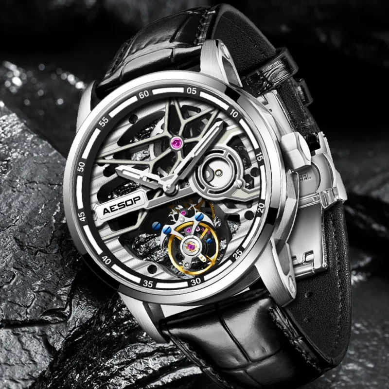 Luxury Flying Tourbillon Skeleton Mechanical Watch with Sapphire Crystal and Leather Strap - Image 2