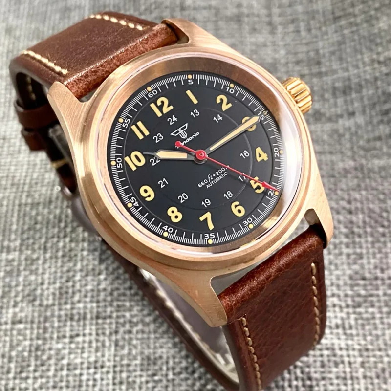 Vintage Bronze 36mm Automatic Pilot Watch with Sapphire Crystal and Leather Strap - Image 4