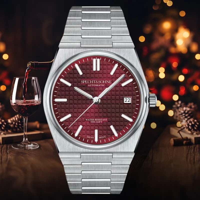 Classic Wine Red Automatic Watch with NH35 Movement Sapphire Crystal Stainless Steel Bracelet