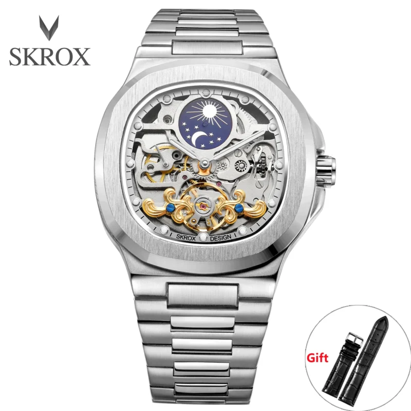 Square Skeleton Automatic Moon Phase Watch with Sapphire Crystal and Stainless Steel Bracelet - Image 7