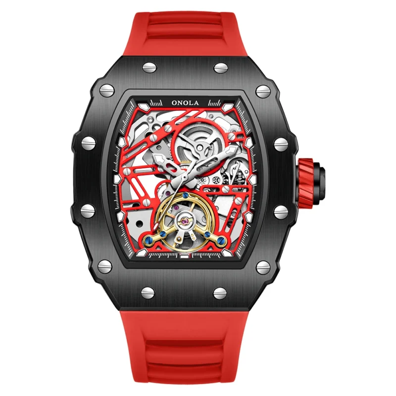 Skeleton Dial Automatic Mechanical Watch with Flywheel Display and Silicone Strap - Image 10