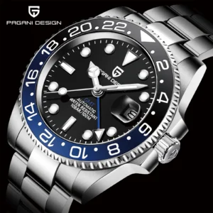 Professional GMT Automatic Watch with Ceramic Bezel and Sapphire Crystal on Stainless Steel Bracelet