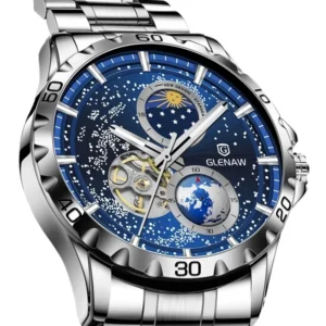 Luxury Automatic Watch with Rotating Earth Dial and Dual Second Hand Mechanical Movement