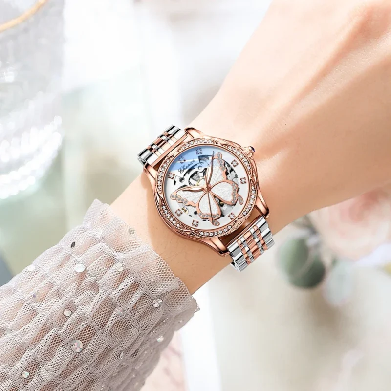 Ladies Luxury Automatic Watch with Skeleton Dial and Stainless Steel Bracelet - Image 2