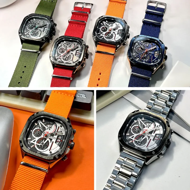Square Chronograph Quartz Watch with Stainless Steel Bracelet and Luminous Hands - Image 5
